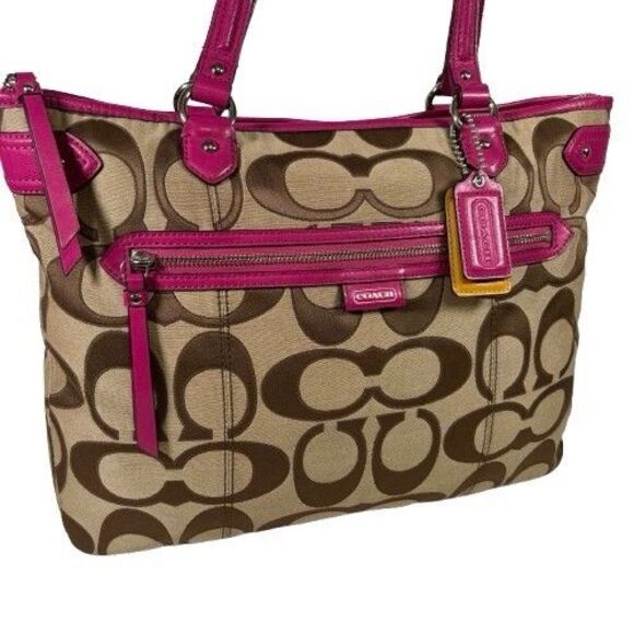 Coach F24066 Signature Daisy Outline Emma Tote Shoulder Bag Khaki Pink Leather - Picture 1 of 16